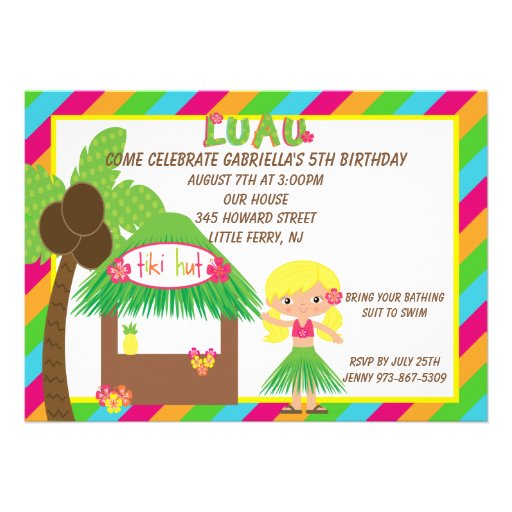 Hula Girl Tiki Hut Bright  Birthday Invitation (front side)