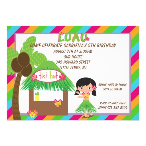 Hula Girl Tiki Hut Bright  Birthday Invitation