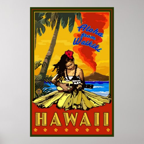 Hula Girl - Waikiki, Hawaii Diamond Head Poster print