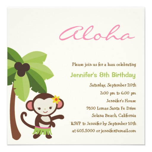 Hula Monkey Luau Party Invitation (front side)