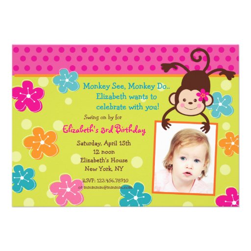 Hula Monkey Luau Photo Birthday Party Invitations