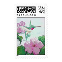 humming bird pink hibiscus flower postage stamps
