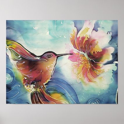 HummingBird and Flower Silk Art Painting Print