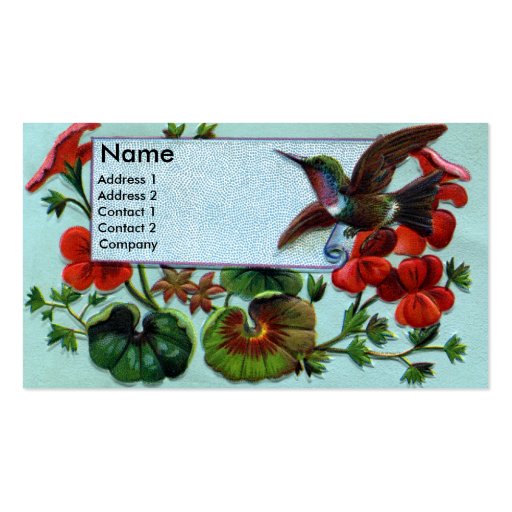 Hummingbird and Geraniums Victorian Business Card (front side)