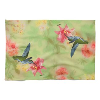 Hummingbird and Pink Lily on Floral Pattern Kitchen Towels