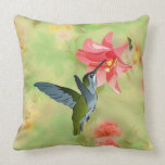 Hummingbird and Pink Lily on Floral Pattern Throw Pillow
