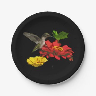 Hummingbird and Zinnias Paper Plates