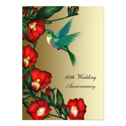 Hummingbird Hibiscus Gold 50th Wedding Anniversary Custom Announcement