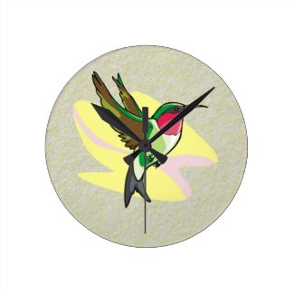 Hummingbird in Flight on Textured Background Round Wallclocks