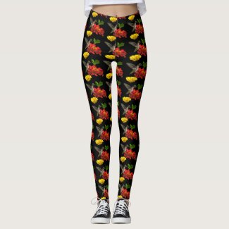 Hummingbird on Red Yellow Flowers Leggings