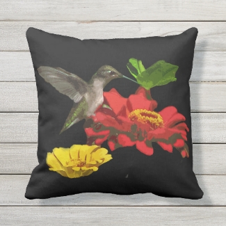 Hummingbird on Zinnia Flower Animal Outdoor Pillow