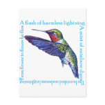 0 - A delightful poem surrounds a ruby throated hummingbird.
