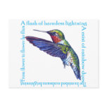 0 - A delightful poem surrounds a ruby throated hummingbird.
