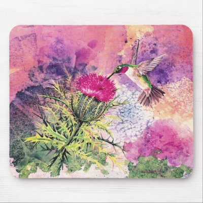 Hummingbird Purple Thistle Art Print Mousepad by greerdesign