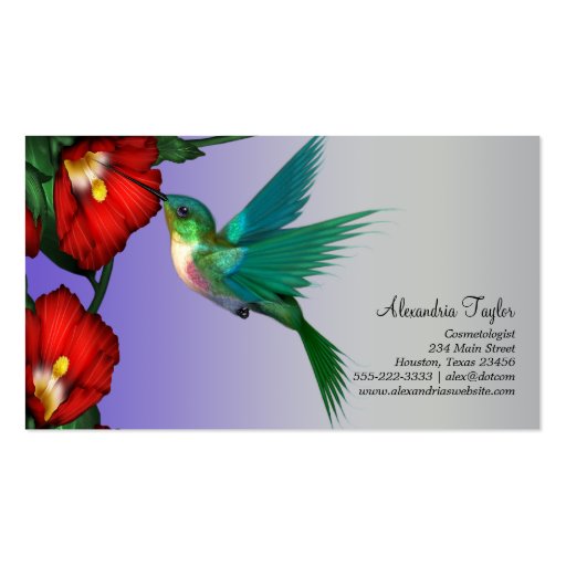 Hummingbird Red Hibiscus Teal Blue Purple Business Cards (front side)