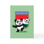 This adorable little panda is too cute! He's featured in front of a large flag from Hungary and ready to play football and score some goals. This cute design is perfect for football players and soccer fans.