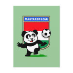 This adorable little panda is too cute! He's featured in front of a large flag from Hungary and ready to play football and score some goals. This cute design is perfect for football players and soccer fans.