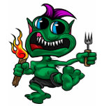 hungry, monster, fork, torch, pink, hair, teeth,