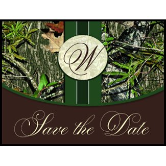 Hunter Green Monogram Camo Wedding Save the Dates postcard