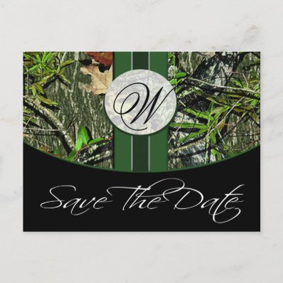 Hunter Green Monogram Camo Wedding Save the Dates Postcard