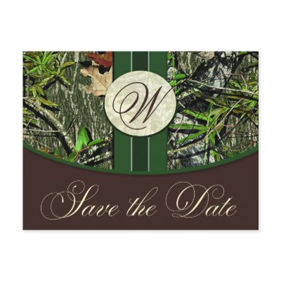 Hunter Green Monogram Camo Wedding Save the Dates Post Cards
