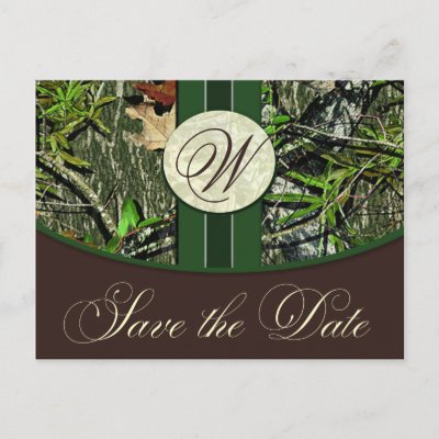 Hunter Green Monogram Camo Wedding Save the Dates Post Cards by natureprints