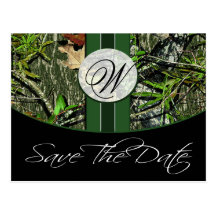 Hunter Green Monogram Camo Wedding Save the Dates Postcard