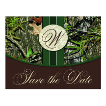 Hunter Green Monogram Camo Wedding Save the Dates Post Cards