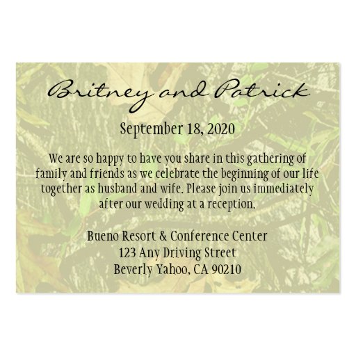 Hunting Camo Wedding Insert Reception Cards Business Cards (back side)