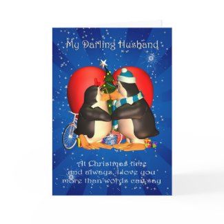 Husband Christmas Card With Kissing Penguins Heart card