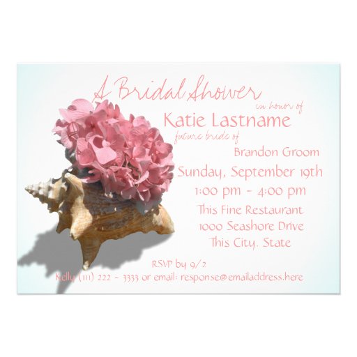 Hydrangea and Seashell Bridal Shower Pink Custom Invite