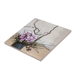 Hydrangea and Wood Vase Watercolor Ceramic Tiles