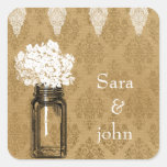 hydrangea in mason jar, burlap favor stickers stickers