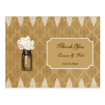 hydrangea in mason jar, burlap wedding thank you postcard