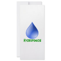 Hydroponics in green text with blue water drop custom rack card