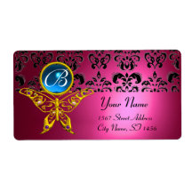 HYPER BUTTERFLY MONOGRAM pink damask blue sapphire Shipping Label