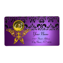 HYPER BUTTERFLY MONOGRAM purple damask topaz Custom Shipping Label