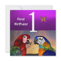 HYPER PARROTS /First Birthday Party Purple Custom Announcements