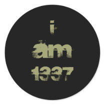 I Am 1337. Leet Gamer. Khaki Green Text. Custom Round Stickers