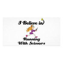 i believe in running with scissors girl customized photo card