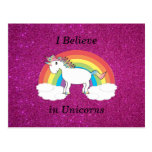 I believe in unicorns pink glitter postcard