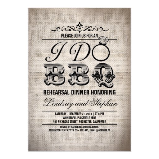 I do BBQ burlap rehearsal dinner invitation (front side)