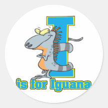 I is for iguana letter abc cartoon round sticker