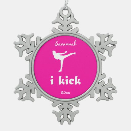 'i kick' kickboxing on bright pink with name snowflake pewter christmas ornament
