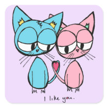 i like you - blue and pink kitties stickers stickers