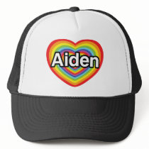 I love Aiden, rainbow heart Trucker Hats
