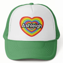 I love Ashleigh, rainbow heart Trucker Hats