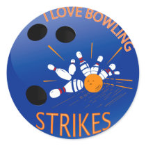 I LOVE BOWLING STRIKES ROUND STICKERS