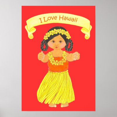 I Love Hawaii Poster Print with a cute a little Hawaiian Girl doing the 