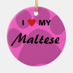 I Love (Heart) My Maltese Pawprint Christmas Ornaments